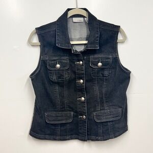 Chico's Platinum Denim Vest Sleeveless Jean Jacket Black Size 2 Large Y2K 90's